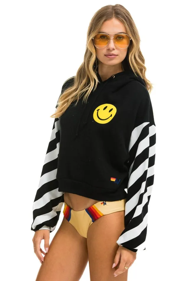 Women Tops Aviator Nation CAUTION STRIPE SLEEVE SMILEY 2 EMBROIDERY RELAXED CROPPED PULLOVER HOODIE 8211 BLACK WHITE Women Tops Aviator Nation CAUTION STRIPE SLEEVE SMILEY 2 EMBROIDERY RELAXED CROPPED PULLOVER HOODIE 8211 BLACK WHITE