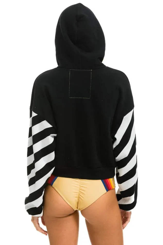 Women Tops Aviator Nation CAUTION STRIPE SLEEVE SMILEY 2 EMBROIDERY RELAXED CROPPED PULLOVER HOODIE 8211 BLACK WHITE Women Tops Aviator Nation CAUTION STRIPE SLEEVE SMILEY 2 EMBROIDERY RELAXED CROPPED PULLOVER HOODIE 8211 BLACK WHITE