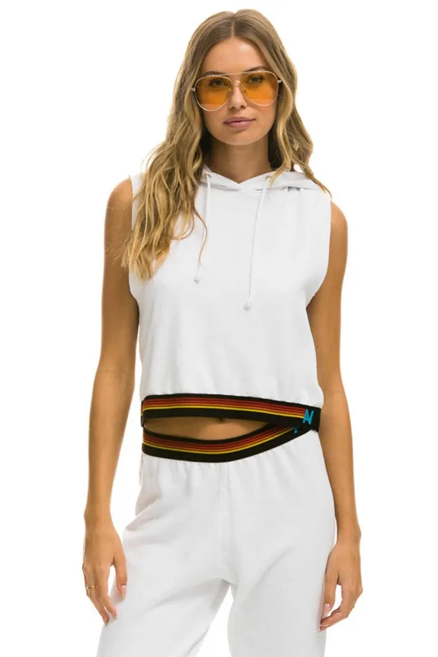 Women Tops Aviator Nation LOGO STRIPE SLEEVELESS CROP PULLOVER HOODIE 8211 WHITE