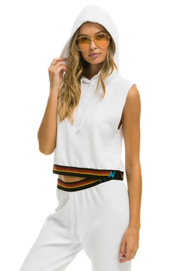 Women Tops Aviator Nation LOGO STRIPE SLEEVELESS CROP PULLOVER HOODIE 8211 WHITE Women Tops Aviator Nation LOGO STRIPE SLEEVELESS CROP PULLOVER HOODIE 8211 WHITE