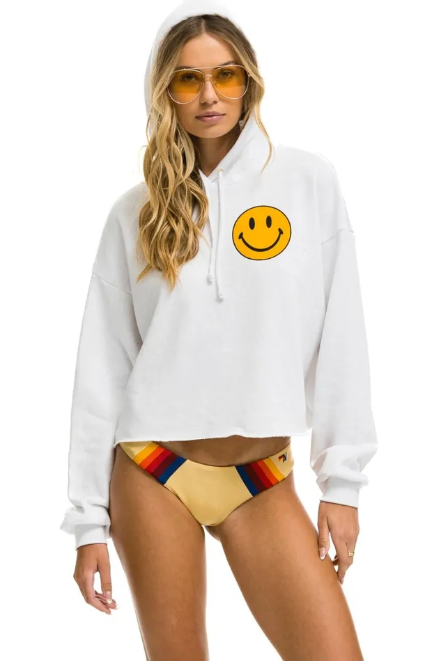 Women Tops Aviator Nation SMILEY 2 RELAXED CROPPED PULLOVER HOODIE 8211 WHITE