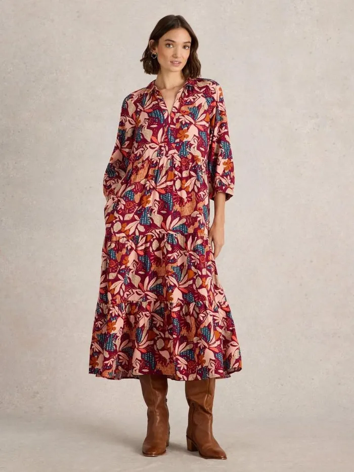 Women Virginia Tiered Shirt Dress Plum Purple Print White Stuff Dresses