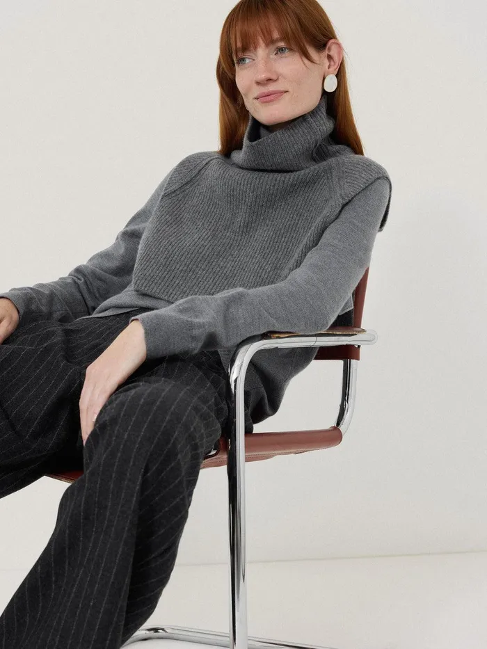Women Wool Cashmere Roll Neck Bib Grey Jigsaw Shirts and Tops