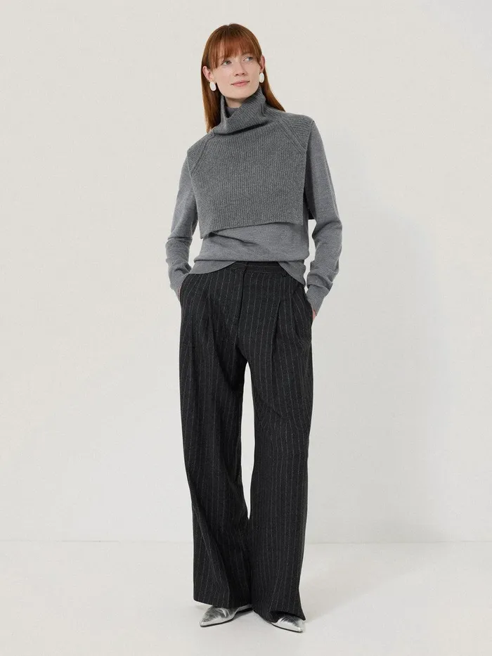 Women Wool Cashmere Roll Neck Bib Grey Jigsaw Shirts and Tops