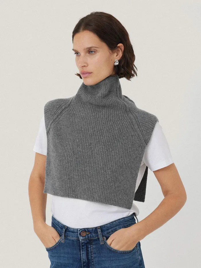 Women Wool Cashmere Roll Neck Bib Grey Jigsaw Shirts and Tops