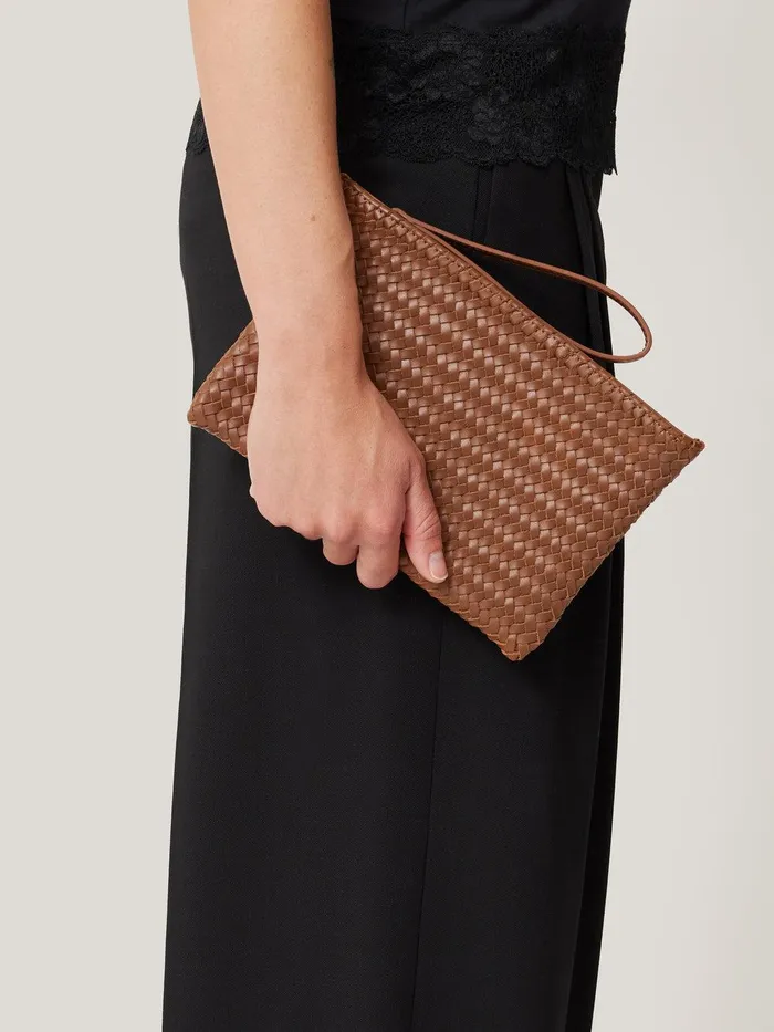 Women Woven Leather Pouch Tan Jigsaw Bags