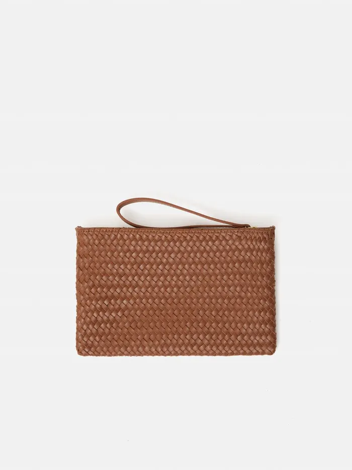 Women Woven Leather Pouch Tan Jigsaw Wallets and Card Holders