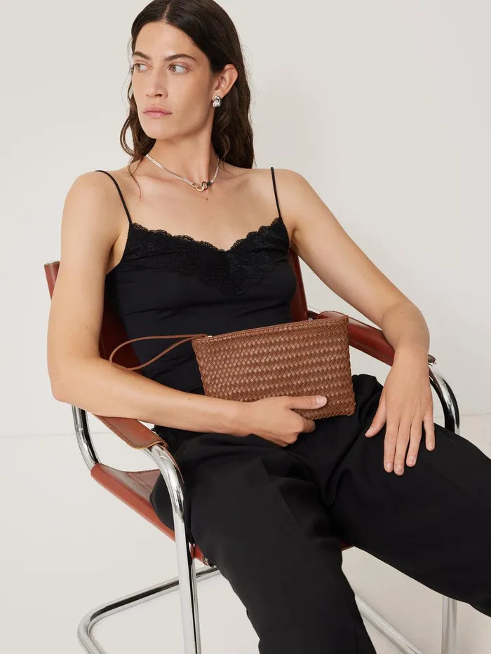 Women Woven Leather Pouch Tan Jigsaw Wallets and Card Holders