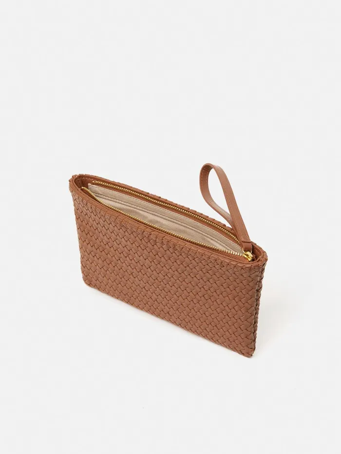Women Woven Leather Pouch Tan Jigsaw Wallets and Card Holders