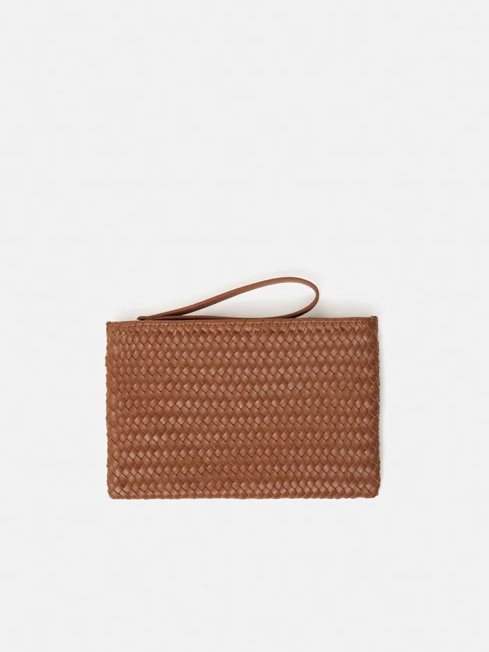 Women Woven Leather Pouch Tan Jigsaw Wallets and Card Holders