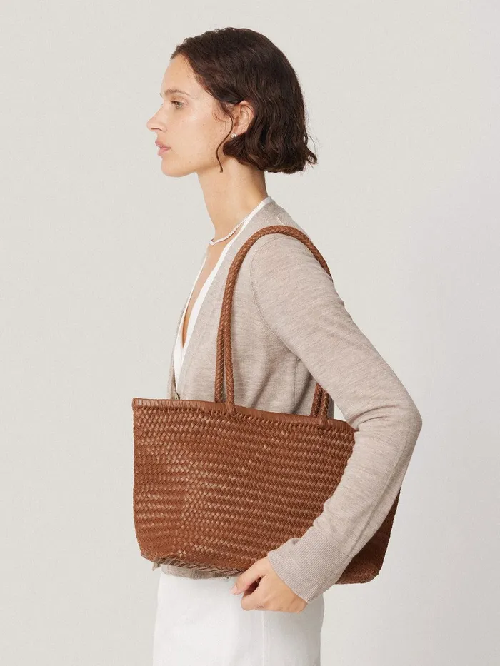 Women Woven Leather Tote Bag Tan Jigsaw Bags