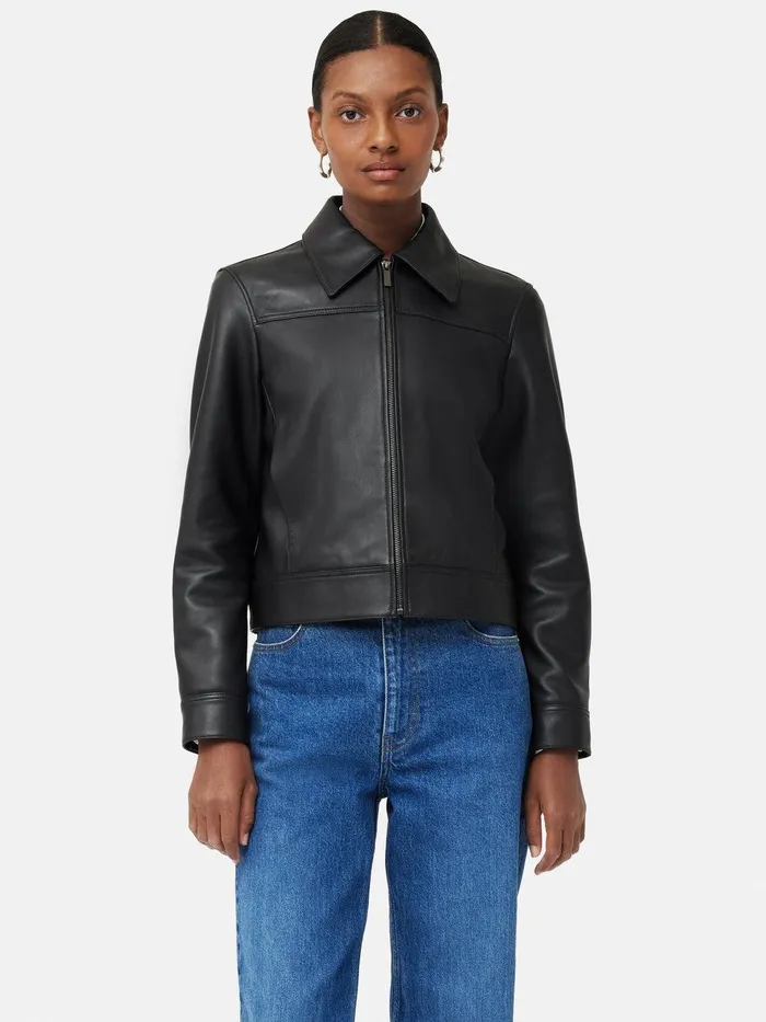 Women Zip Front Leather Biker Jacket Black Jigsaw Leather