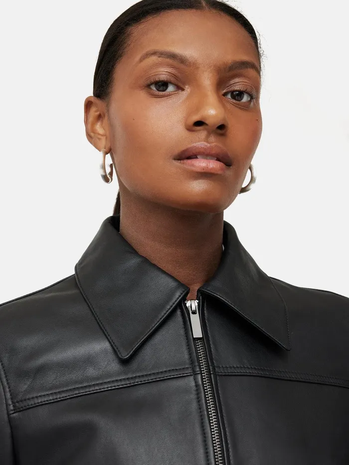 Women Zip Front Leather Biker Jacket Black Jigsaw Leather