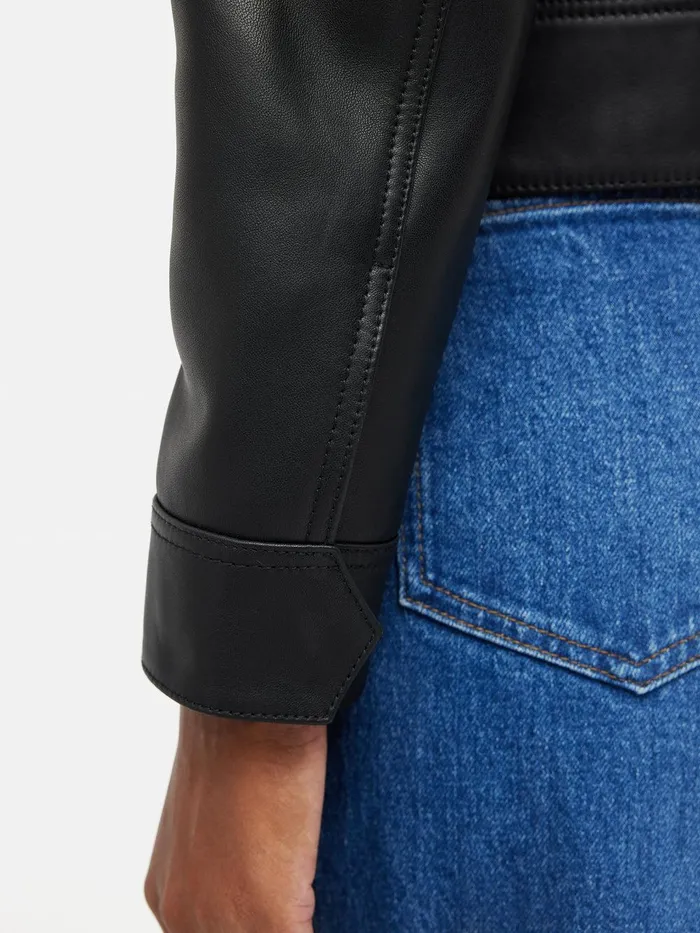 Women Zip Front Leather Biker Jacket Black Jigsaw Leather