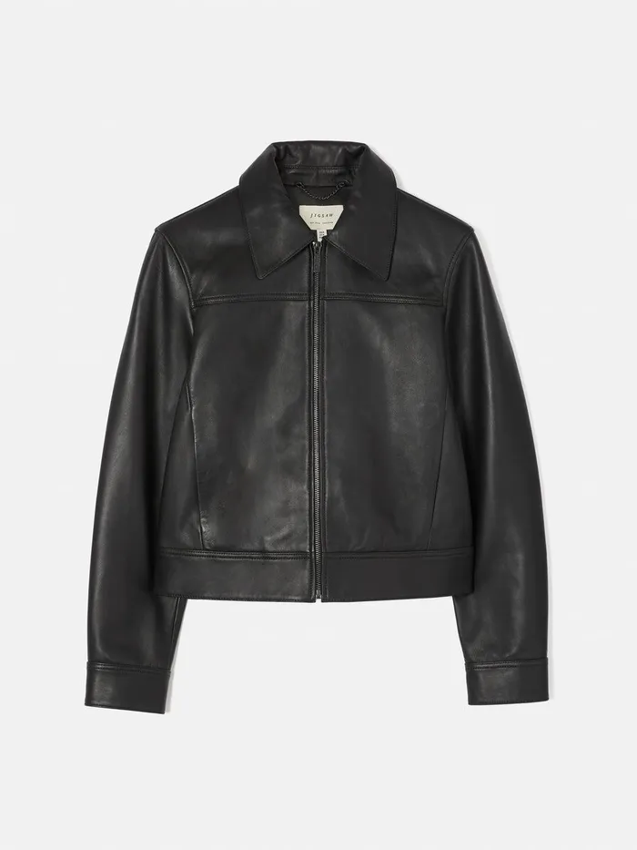 Women Zip Front Leather Biker Jacket Black Jigsaw Leather