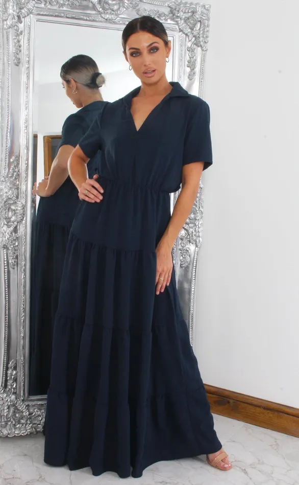 Yolanda Navy Tiered Maxi Shirt Dress Women Missfiga Maxi Dresses