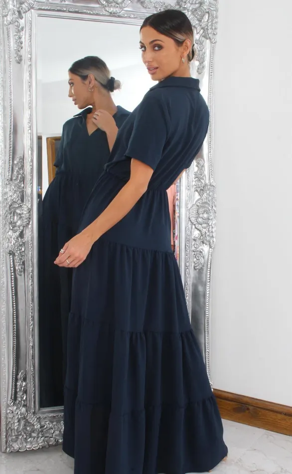 Yolanda Navy Tiered Maxi Shirt Dress Women Missfiga Maxi Dresses Yolanda Navy Tiered Maxi Shirt Dress Women Missfiga Maxi Dresses