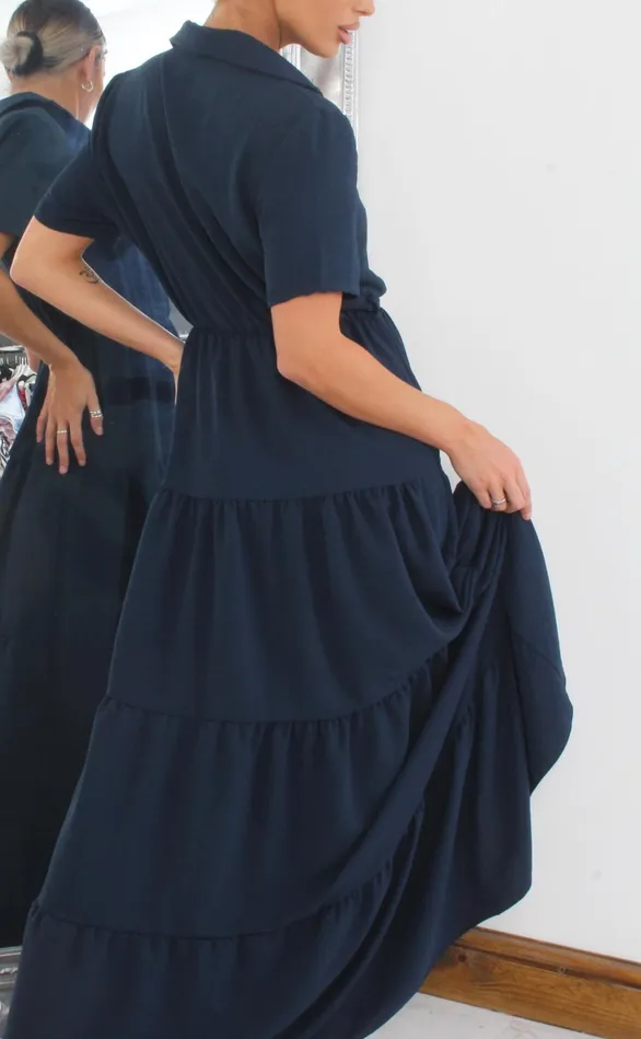 Yolanda Navy Tiered Maxi Shirt Dress Women Missfiga Maxi Dresses Yolanda Navy Tiered Maxi Shirt Dress Women Missfiga Maxi Dresses